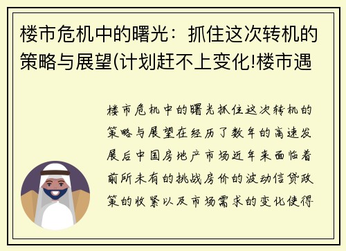 楼市危机中的曙光：抓住这次转机的策略与展望(计划赶不上变化!楼市遇冷被迫转型)