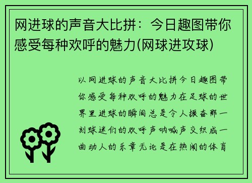 网进球的声音大比拼：今日趣图带你感受每种欢呼的魅力(网球进攻球)