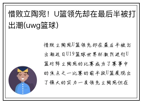 惜败立陶宛！U篮领先却在最后半被打出潮(uwg篮球)