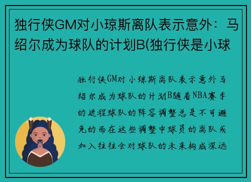 独行侠GM对小琼斯离队表示意外：马绍尔成为球队的计划B(独行侠是小球市吗)