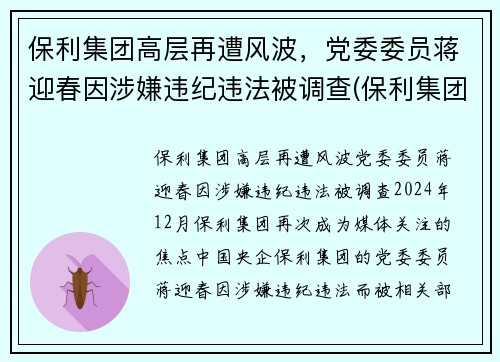 保利集团高层再遭风波，党委委员蒋迎春因涉嫌违纪违法被调查(保利集团副总裁)