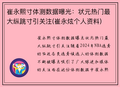 崔永熙寸体测数据曝光：状元热门最大纵跳寸引关注(崔永炫个人资料)