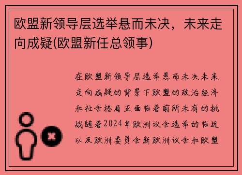 欧盟新领导层选举悬而未决，未来走向成疑(欧盟新任总领事)